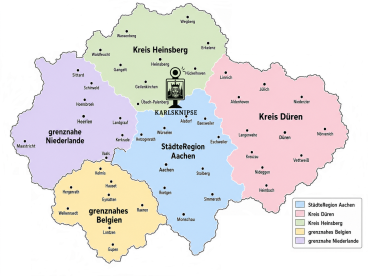 Karte des Liefergebiets der Karlsknipse rund um Aachen, Düren und Heinsberg